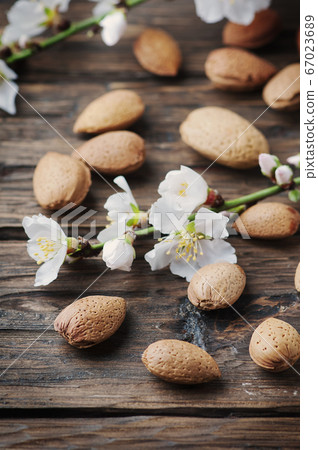 Fresh almond and flowers on the wooden table Fresh almond and flowers on the wooden table 67023689