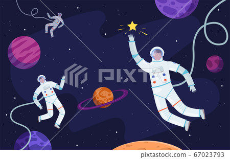 Space background. Astronaut in suit working on asteroids or moon professional cosmonaut vector person 67023793