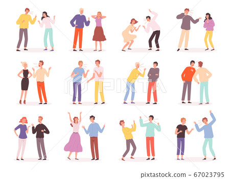 Quarrel people. Unhappy conflict family bad relationship trouble couples screaming disrespected characters angry father and mother vector illustrations 67023795