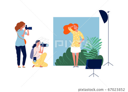 Model photo session. Professional photographers making photo in studio. Beautiful smiling girl posing vector illustration 67023852