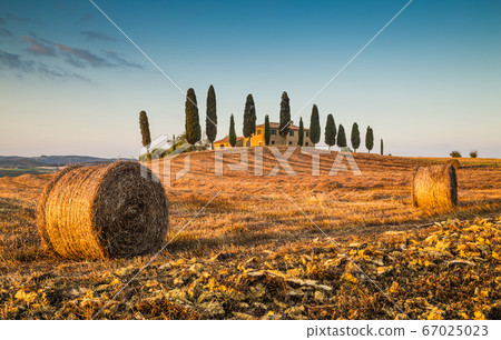 Beautiful Tuscany landscape with traditional farmhouse at sunset, Italy 67025023