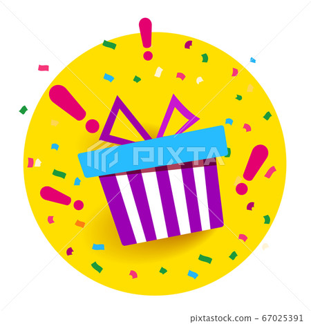 Holiday gift box in yellow circle. Birthday celebration. 67025391