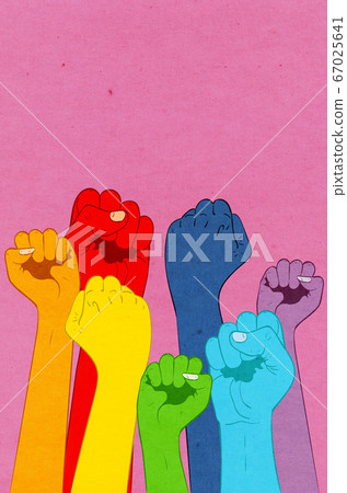 Rainbow raised fists with paper texture 67025641