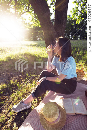 girl on a picnic in a meadow girl on a picnic in a meadow 67026477