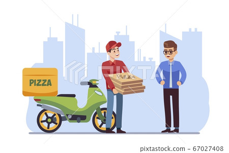 Customer delivery character. Courier handing pizza to client on cityscape background, express food shipping on moped, cartoon vector illustration 67027408