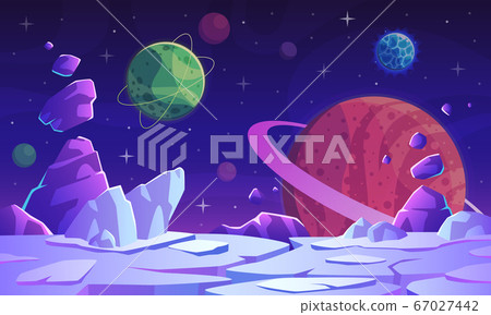 Fantasy space scene. Extraterrestrial landscape with colorful vivid planets, craters, stars and comet fantastic world, game vector background Fantasy space scene. Extraterrestrial landscape with colorful vivid planets, craters, stars and comet fantastic world, game vector background 67027442
