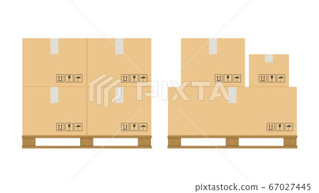 Boxes pallet. Cardboard box stack with fragile sign on wooden pallets, packaging cargo storage, industry shipment, shipping goods vector set 67027445