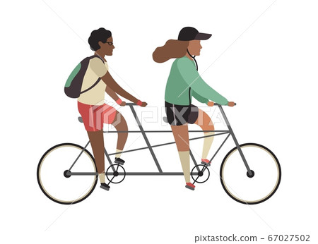 Cyclists concept. People ride tandem bike. Outdoor activities in park, couple healthy lifestyle, man and woman riding twin bicycle . Flat vector cartoon illustration 67027502