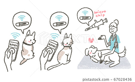 Illustration promoting veterinarians to attach microchips to pets at veterinary clinics 67028436