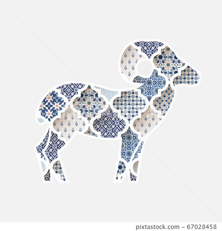 Greeting card, invitation with silhouette of ornamental sheep. Blue Moroccan, arab pattern tiles fill. Eid al Adha holiday, muslim community festival of sacrifice. Vector illustration background. Greeting card, invitation with silhouette of ornamental sheep. Blue Moroccan, arab pattern tiles fill. Eid al Adha holiday, muslim community festival of sacrifice. Vector illustration background. 67028458