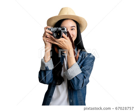 Woman traveler taking photo with clipping path 67028757