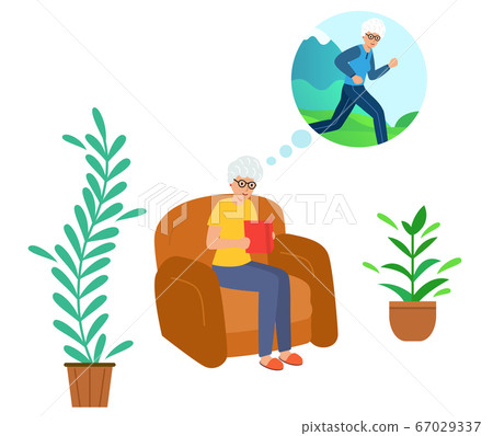 Grandma is sitting at home on the couch, reading a book. 67029337