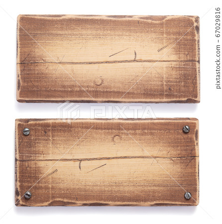 aged wooden signboard or nameplate on white 67029816