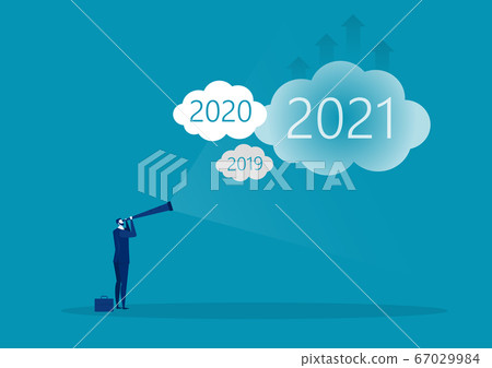 Businessman looking for opportunities in spyglass on 2021 year the target on cloud 67029984