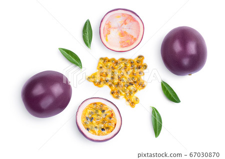passion fruits and half isolated on white background. maracuya with clipping path. Top view. Flat lay passion fruits and half isolated on white background. maracuya with clipping path. Top view. Flat lay 67030870