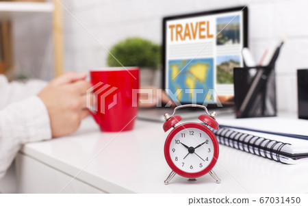 Time To Travel. Woman Reading Touristic Blog On Laptop Computer In Office Time To Travel. Woman Reading Touristic Blog On Laptop Computer In Office 67031450