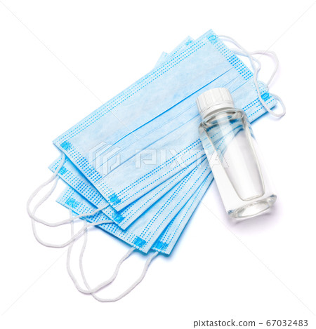 White bottle of cream, lotion, sanitizer or liquid soap and protective mask isolated on white background White bottle of cream, lotion, sanitizer or liquid soap and protective mask isolated on white background 67032483