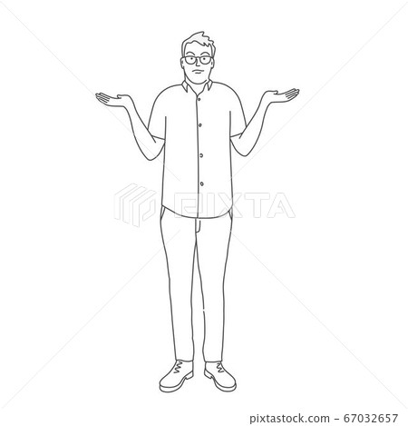 Line drawing vector illustration of man shrugs and spreads his hands. Gesture oops, sorry or I do not know. 67032657