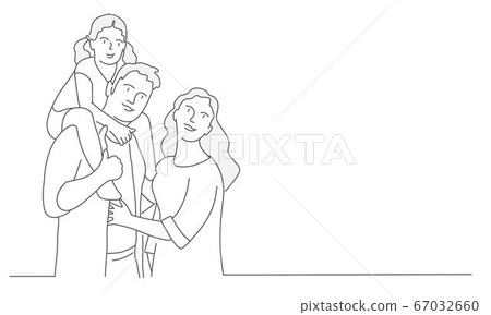 Happy family, mother. Daughter sits on father's shoulders. Line drawing vector illustration. 67032660