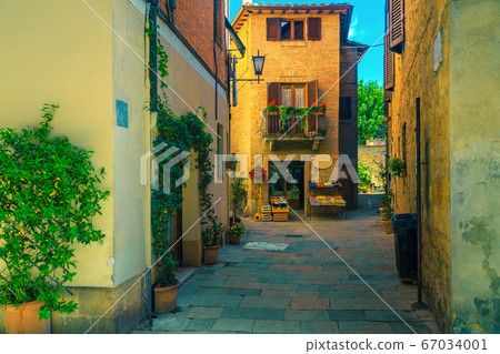 Rustic stone houses decorated with green plants, Pienza, Tuscany, Italy  67034001