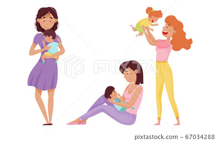 Mother Cradling Child in Arms and Playing Vector Illustrations Set Mother Cradling Child in Arms and Playing Vector Illustrations Set 67034288