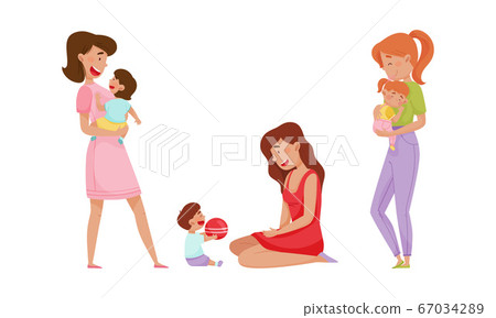 Mother Holding Her Child in Arms and Playing Vector Illustrations Set Mother Holding Her Child in Arms and Playing Vector Illustrations Set 67034289