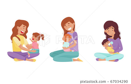 Young Mother Feeding Her Child and Playing Vector Illustrations Set 67034290