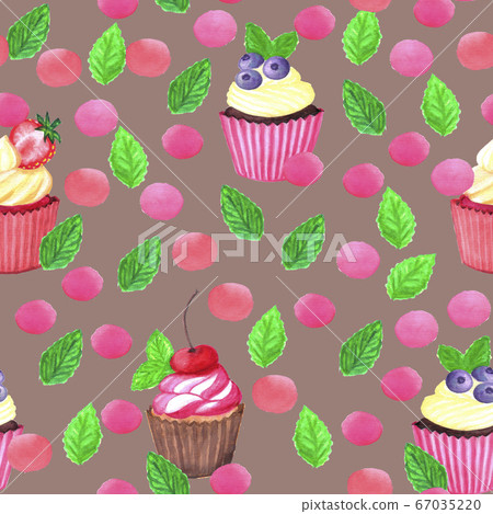 Sweet delicious watercolor pattern with cupcakes. Hand-drawn background. Sweet delicious watercolor pattern with cupcakes. Hand-drawn background. 67035220