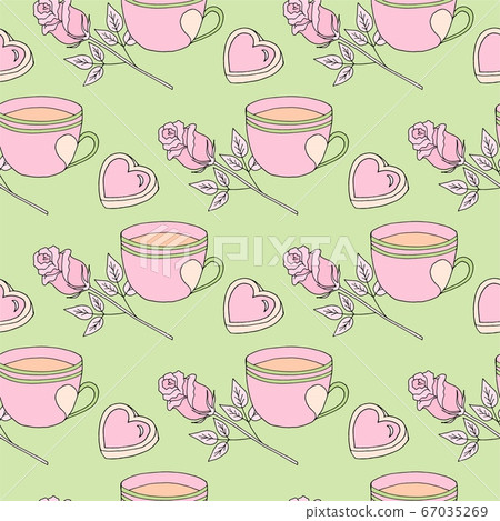 Valentines day seamless pattern with coffee cup and hearts. Beautiful greeting card with valentines day seamless pattern. Red heart valentine love logo vector. Holiday background.Vector illustration Valentines day seamless pattern with coffee cup and hearts. Beautiful greeting card with valentines day seamless pattern. Red heart valentine love logo vector. Holiday background.Vector illustration 67035269