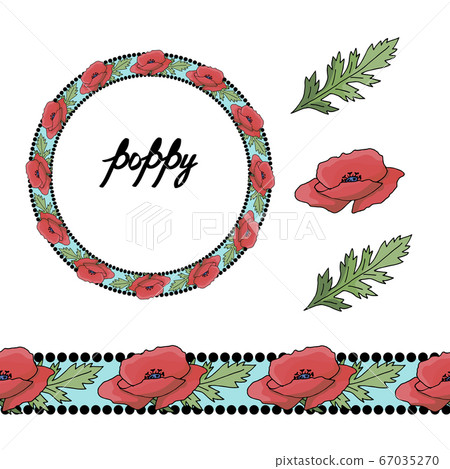 Horizontal floral border pattern. Fashion style. Floral wreath. Detailed contour wreath and seamless pattern brush with poppy isolated on white. Endless horizontal texture for your design. Horizontal floral border pattern. Fashion style. Floral wreath. Detailed contour wreath and seamless pattern brush with poppy isolated on white. Endless horizontal texture for your design. 67035270