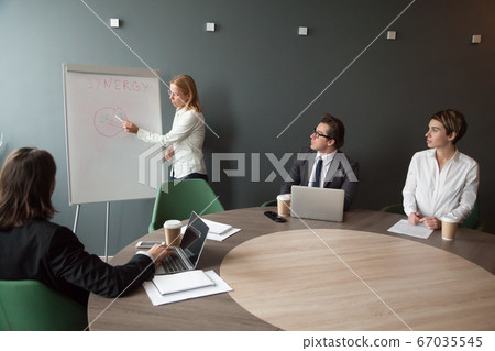 Businesswoman giving presention at corporate team meeting in mod 67035545