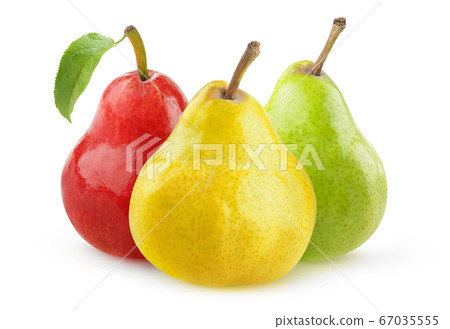 Green, yellow and red pear fruits on white 67035555
