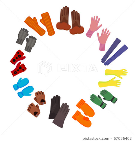 Cartoon Color Woolen Mittens Concept Round Design Template. Vector Cartoon Color Woolen Mittens Concept Round Design Template. Vector 67036402