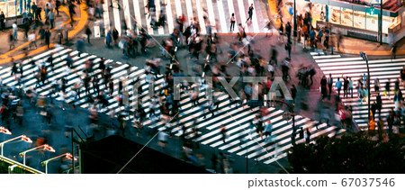 People and traffic cross the famous scramble intersection in Shibuya, Tokyo, Japan 67037546