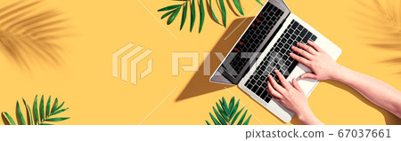 Person using a laptop computer with tropical leaves Person using a laptop computer with tropical leaves 67037661