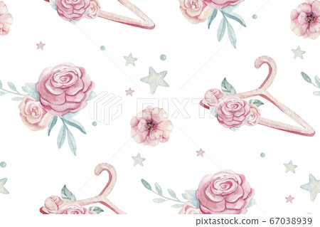 Baby shower kid swan watercolor girl seamless pattern butterfly cartoon elements. Set of baby pink dress and baby's bootees birthday illustration. Newborn rainbow party invitation 67038939