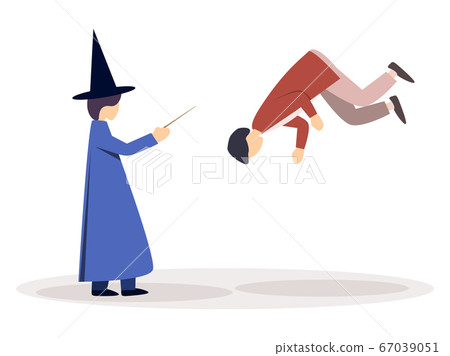 Wizard in a cloak and a witch's hat, holds a magic 67039051