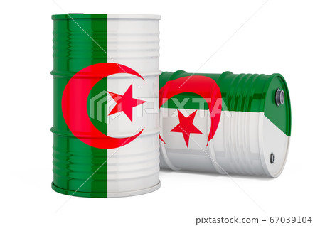 Steel drum, barrel with Algiers flag, 3D rendering Steel drum, barrel with Algiers flag, 3D rendering 67039104
