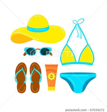 Swimsuit, slippers, hat, sunglasses and sunscreen vector icon set isolated on white background. Swimsuit, slippers, hat, sunglasses and sunscreen vector icon set isolated on white background. 67039272