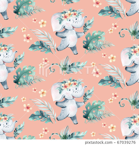 Watercolor seamless tropical pattern with dancing elephant and crocodile african jungle animals on white background. Childish Africa animal illustration. Happy birthday,celebration concept. Watercolor seamless tropical pattern with dancing elephant and crocodile african jungle animals on white background. Childish Africa animal illustration. Happy birthday,celebration concept. 67039276