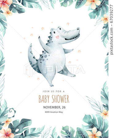 Hand drawn watercolor crocodile dancing animal baby shower. Boho illustrations, jungle tree, brazil trendy art. Perfect for fabric design. Aloha collection. Hand drawn watercolor crocodile dancing animal baby shower. Boho illustrations, jungle tree, brazil trendy art. Perfect for fabric design. Aloha collection. 67039277