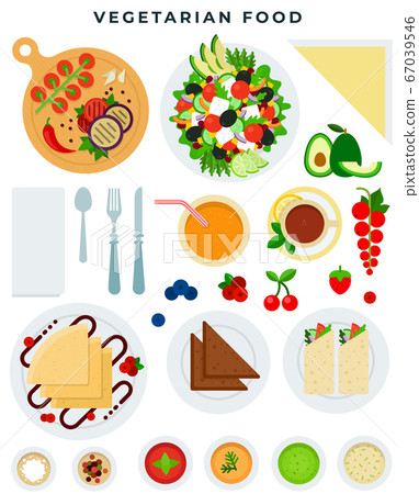 Variety of vegetarian food, raw and cooked, set of flat design colorful elements. Vector illustration. 67039546