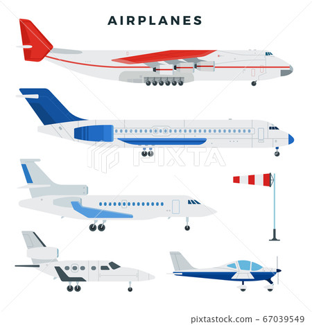 Passenger and cargo airplane, set. Airplanes, side view. Modern types of planes. Vector illustration. Passenger and cargo airplane, set. Airplanes, side view. Modern types of planes. Vector illustration. 67039549