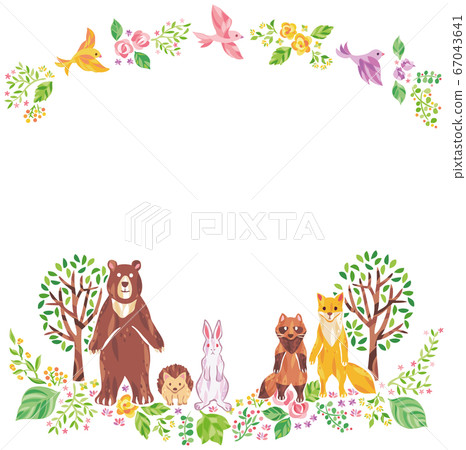 Illustration frame of plants and animals such as trees, flowers, and grass 67043641