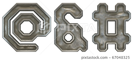 Set of symbols at, ampersand and hash made of industrial metal on white background 3d 67048325
