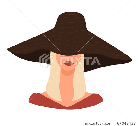 Stylish blond lady wearing hat with wide brims Stylish blond lady wearing hat with wide brims 67048438