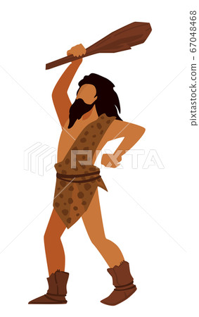 Prehistoric man holding wooden bat, hunter or warrior 67048468