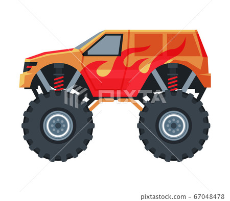 Monster Truck Vehicle, Red Jeep Car with Big Wheels, Heavy Professional Transport Vector Illustration Monster Truck Vehicle, Red Jeep Car with Big Wheels, Heavy Professional Transport Vector Illustration 67048478