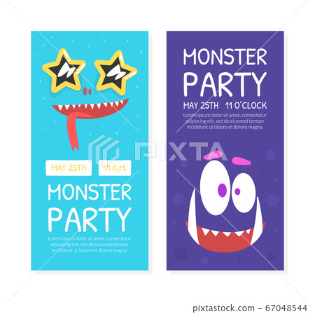 Monster Party Invitation Cards Templates Set, Halloween Celebration Banner, Poster with Cute Funny Monsters Vector Illustration Monster Party Invitation Cards Templates Set, Halloween Celebration Banner, Poster with Cute Funny Monsters Vector Illustration 67048544