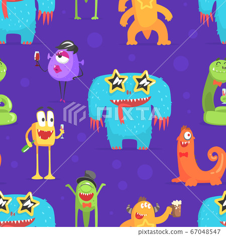 Cute Funny Monsters Characters Seamless Pattern, Cheerful Friendly Fantastic Creatures, Design Element Can Be Used for Wallpaper, Packaging, Background Vector Illustration 67048547
